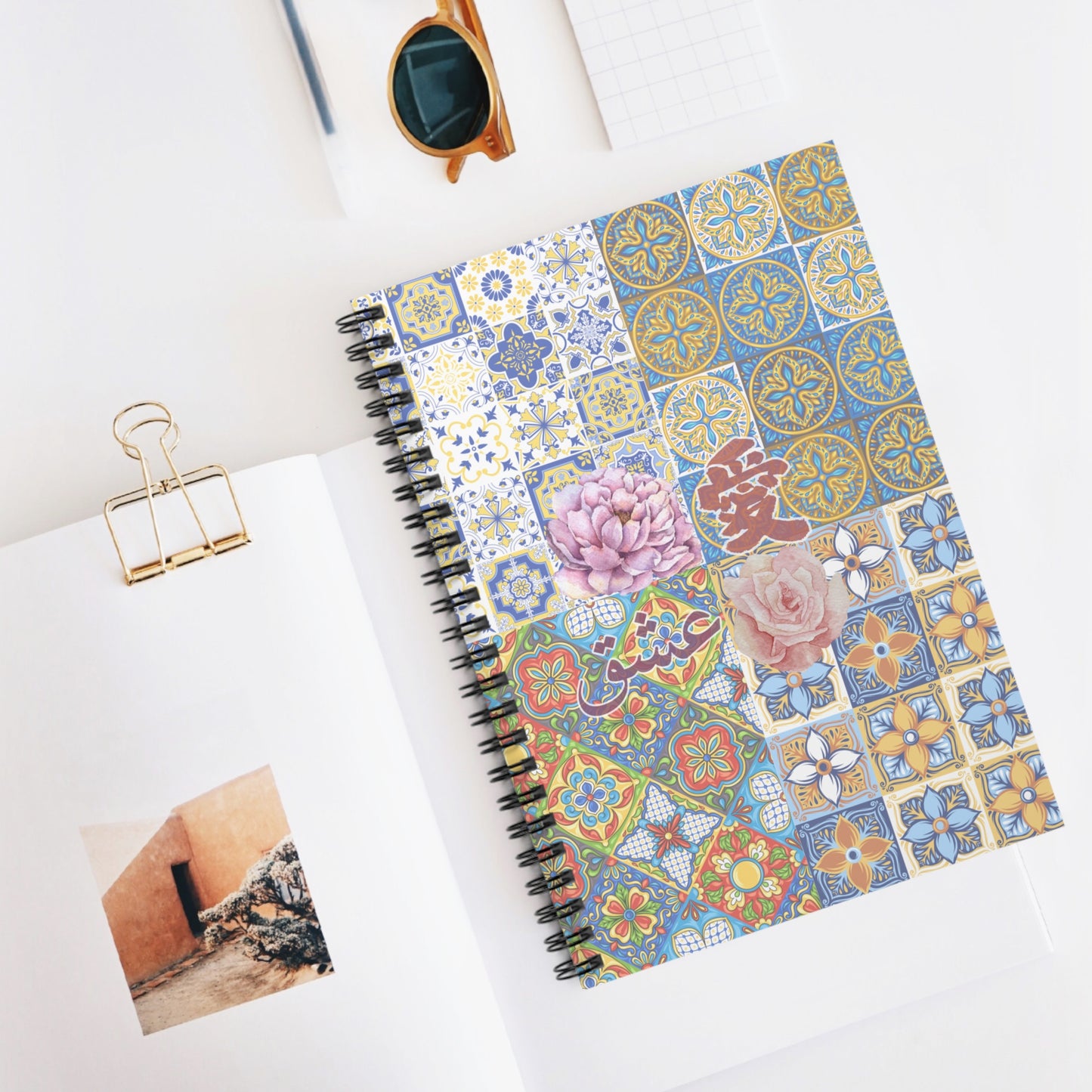 Floral Tile Spiral Notebook — Vintage Moroccan Mosaic Ruled Journal