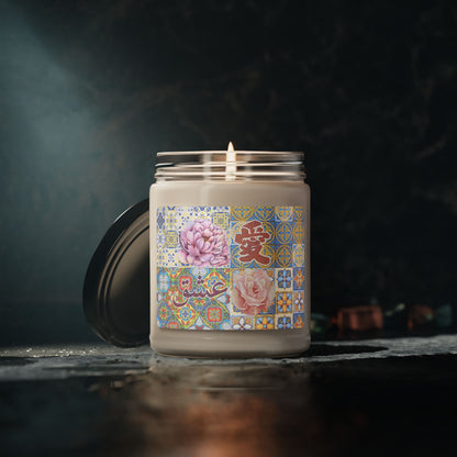 Soy Candle — Floral Mosaic 'Love' Design, 9 oz Scented Jar