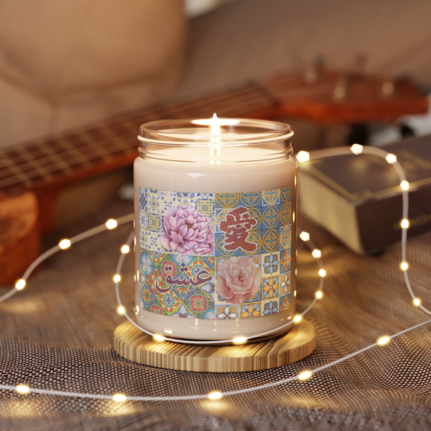 Soy Candle — Floral Mosaic 'Love' Design, 9 oz Scented Jar