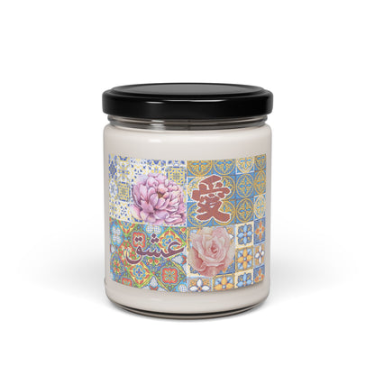 Soy Candle — Floral Mosaic 'Love' Design, 9 oz Scented Jar