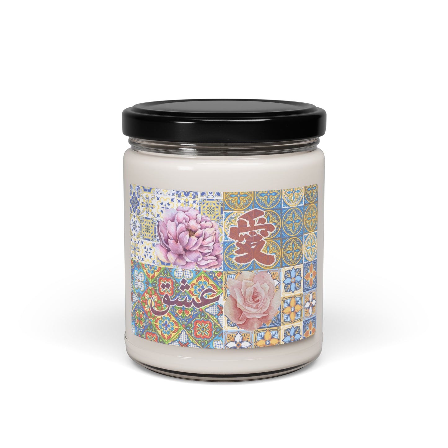 Soy Candle — Floral Mosaic 'Love' Design, 9 oz Scented Jar